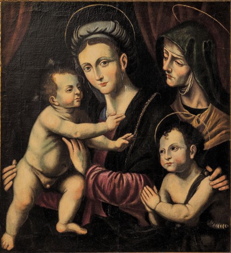Vierge à l'enfant, St Jean Baptiste et Sainte Anne, Renaissance Italienne - Tableaux et dessins Style Renaissance